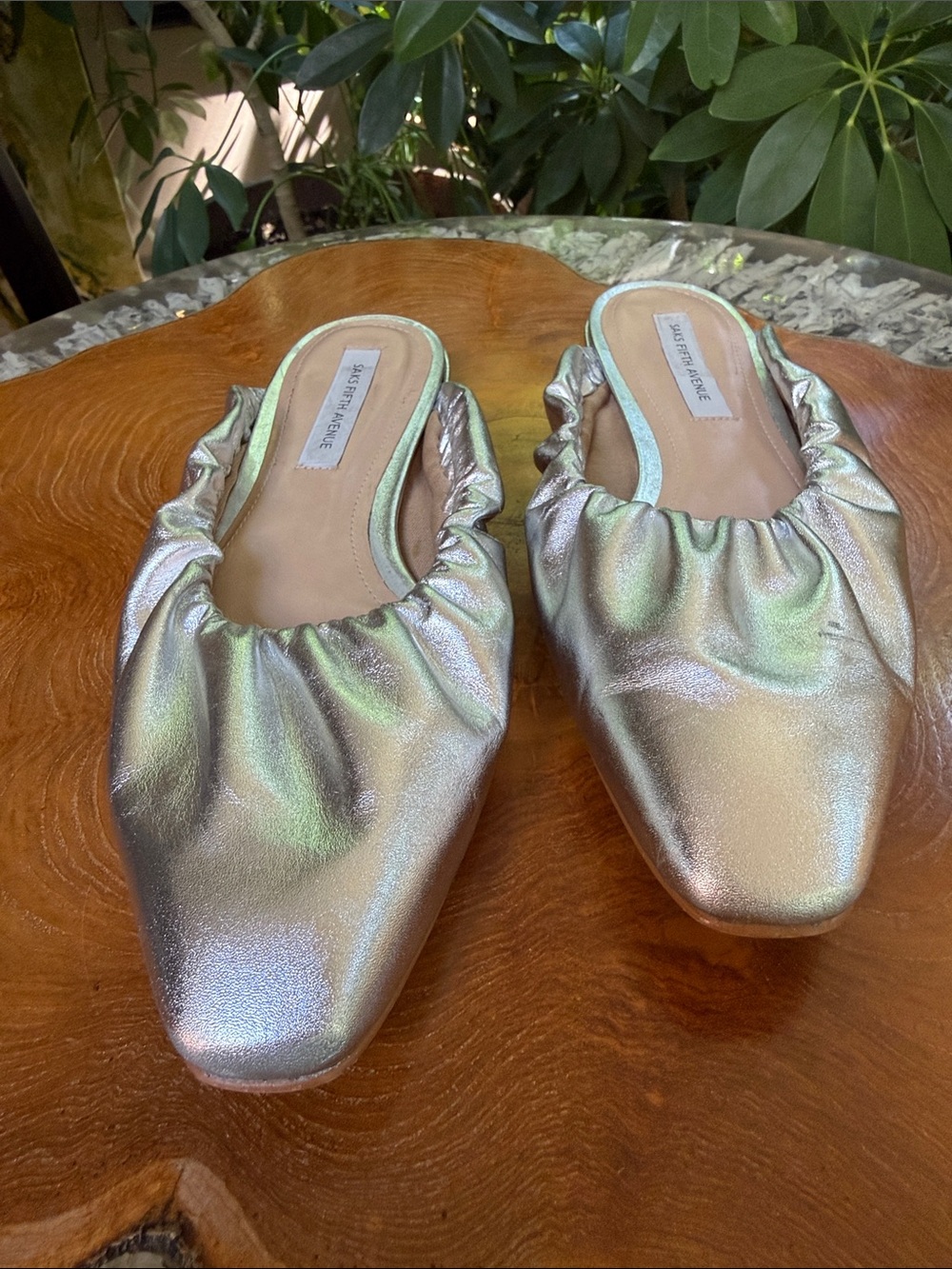Saks Fifth Avenue Iridescent Silver Ruched Slip-On Mules